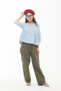 Kalgit [Wrap-over neckline] Frill Blouse Blue Stripe