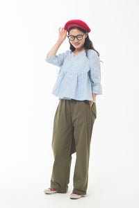 Kalgit [Wrap-over neckline] Frill Blouse Blue Stripe