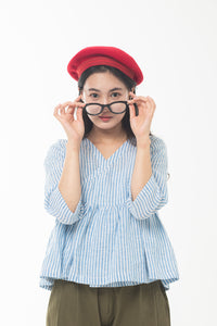 Kalgit [Wrap-over neckline] Frill Blouse Blue Stripe