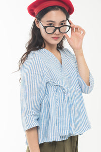 Kalgit [Wrap-over neckline] Frill Blouse Blue Stripe