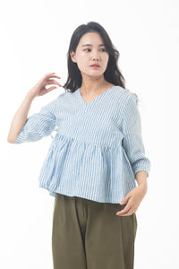 Kalgit [Wrap-over neckline] Frill Blouse Blue Stripe