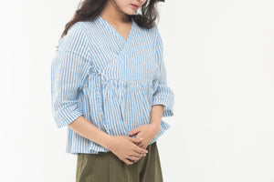 Kalgit [Wrap-over neckline] Frill Blouse Blue Stripe